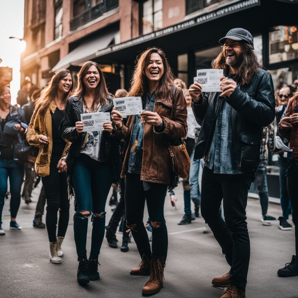Excited fans gathered outside a music venue holding Neil Young concert tickets.